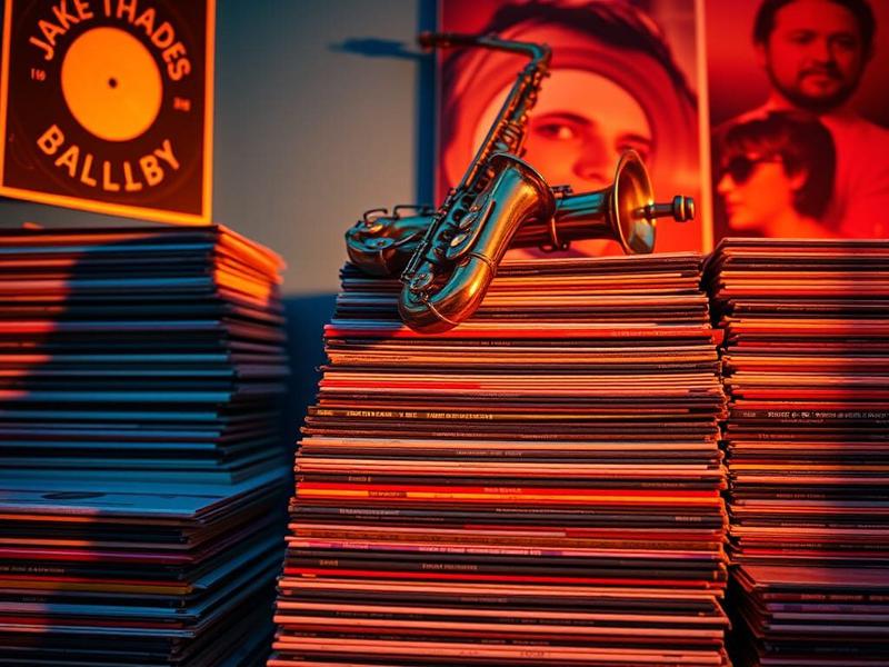 An AI generated image showing stacks of vinyl records with a saxophone lying on top. 