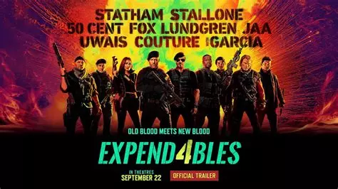Movie poster for "The Expendables 4" showing a line of aging action stars including Statham, Stallone, 50 Cent, Fox, Lundgren, and others against a red and green explosion background. The tagline reads "OLD BLOOD MEETS NEW BLOOD" above the title "EXPEND4BLES" with a September 22 release date. Just another desperate attempt to squeeze money from a franchise that should've been put in a retirement home three films ago, featuring the usual suspects of actors who apparently can't say no to a paycheck.