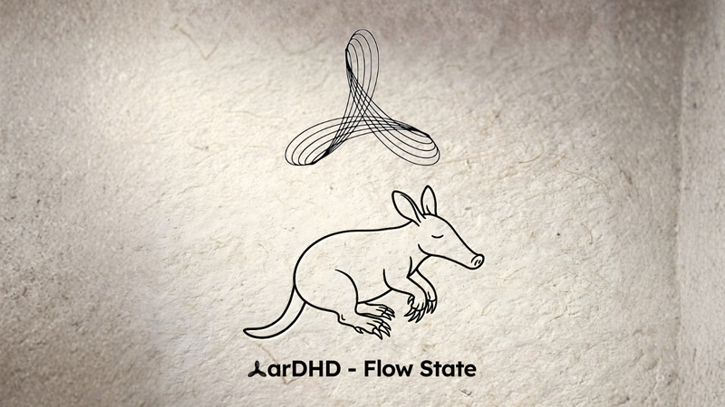 A simple line drawing on a textured beige paper background. At the top is an abstract flowing symbol made of continuous looping black lines that cross and weave through each other. Below it is a minimalist illustration of a serene, floating aardvark drawn in a single continuous black line, shown in profile facing right with its distinctive long snout, upright ears, and visible claws. At the bottom in black text: "AarDHD - Flow State" with the 'A' being a smaller version of the flowing symbol above.