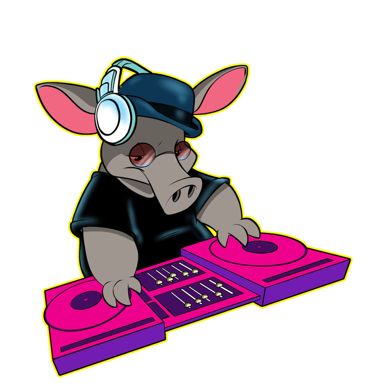 Cartoon aardvark wearing headphones and a cap, leaning over pink DJ decks