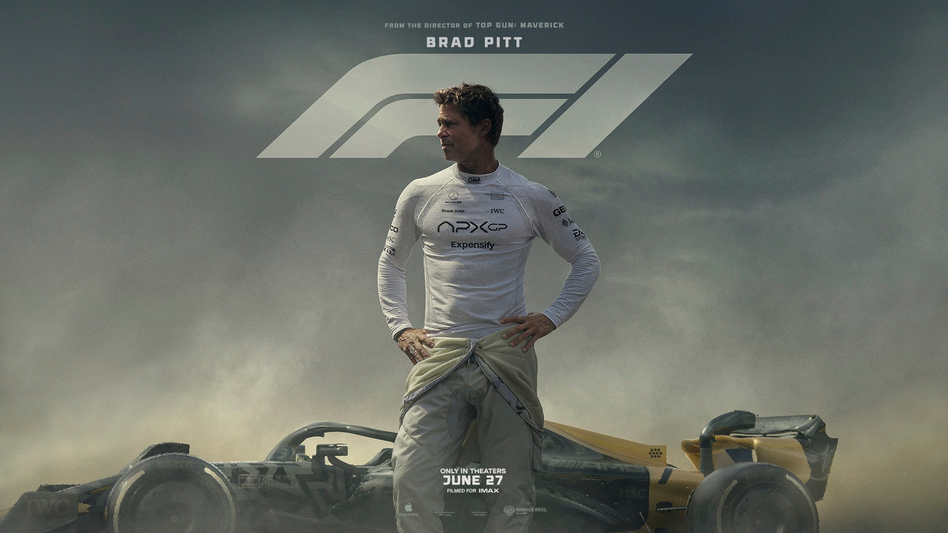 Brad Pitt stands heroically beside a Formula 1 car, wearing pristine racing overalls and sporting the kind of ruggedly handsome stubble that suggests he's never actually changed a tyre. The cinematic lighting and dramatic pose scream "I'm definitely the coolest 60-year-old on the grid" whilst the movie poster promises yet another Hollywood take on motorsport that'll probably make actual F1 fans wince.