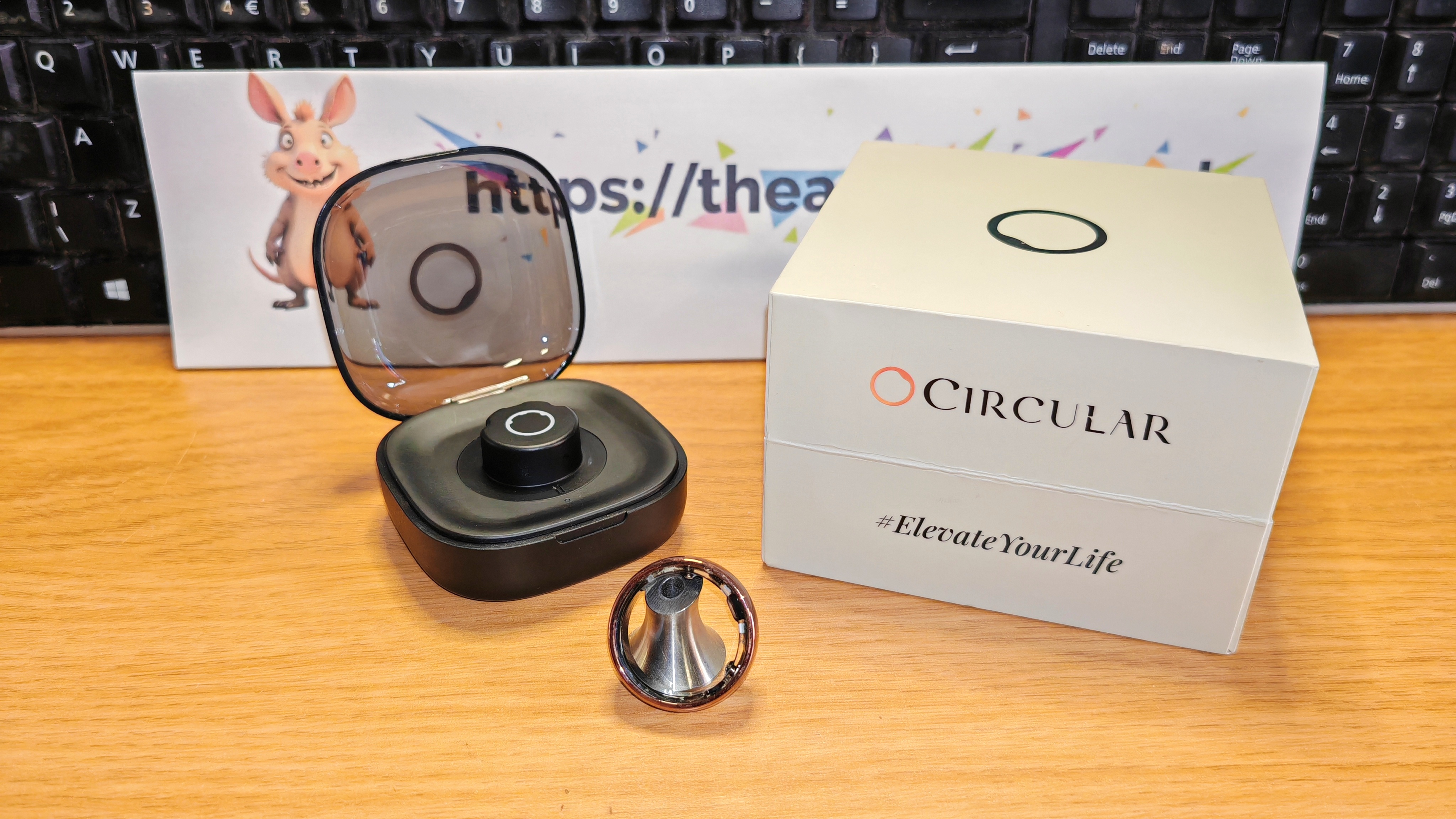 A sleek smart ring in rose gold with a black interior sits on a wooden desk next to its square charging case, alongside a white "CIRCULAR" branded box promising to "#ElevateYourLife" - which is quite optimistic. A cartoon aardvark peeks cheekily from sign in the background, presumably judging my latest gadget purchase.