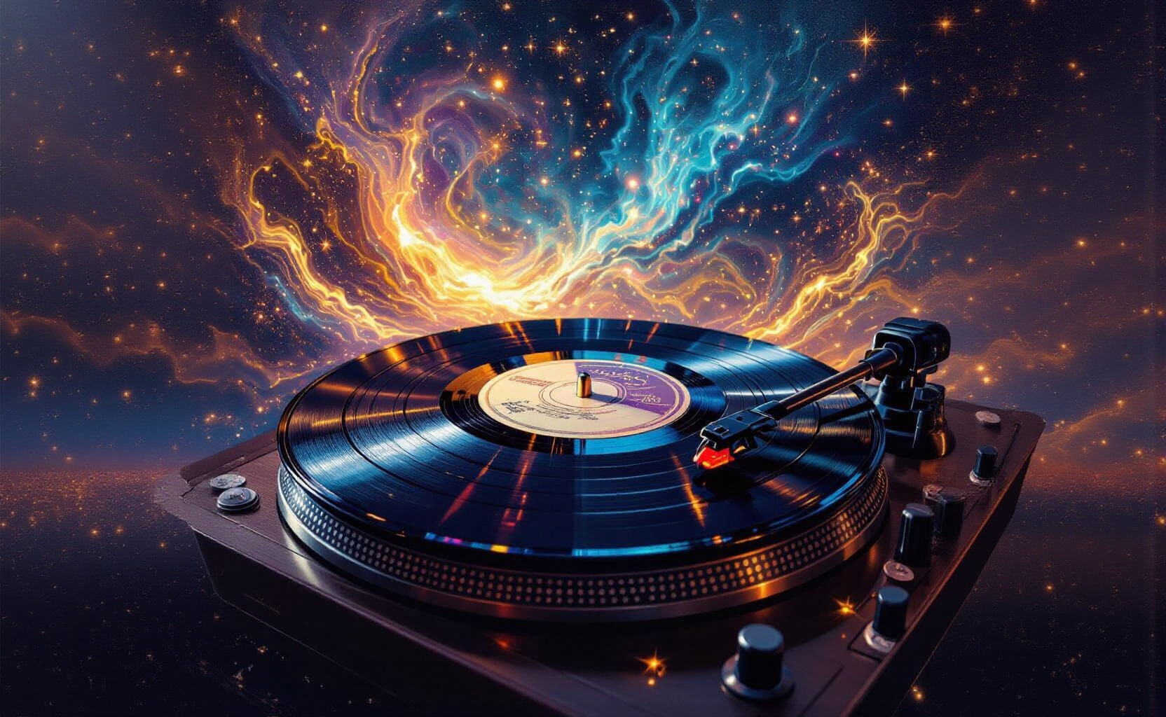 Digital artwork: A record turntable with a vinyl spinning on the platter, set against a cosmic backdrop. The sky above swirls with vibrant nebula clouds in golden amber, turquoise, and deep purple, with scattered stars throughout. Wispy tendrils of cosmic energy flow upward from the record, as if the music itself is creating the universe. The turntable is dark grey with orange accent lighting, featuring a tonearm with a red cartridge. Rather cosmic for a Tuesday afternoon.