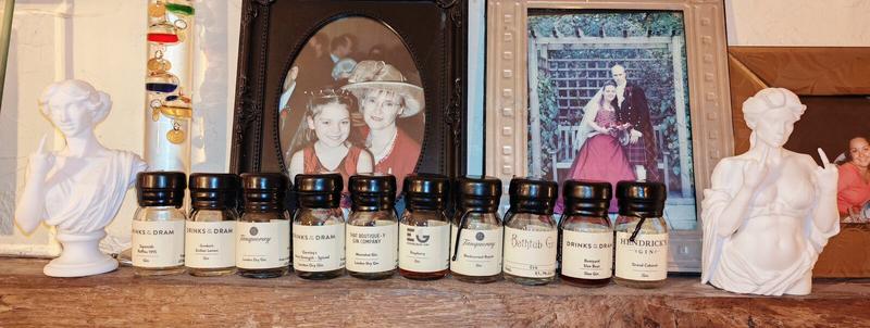 Ten empty small glass bottles of gin arranged in a row on a dark wooden surface, flanked by two white decorative busts. From left to right, the bottles read: "DRINKS BY THE DRAM Sipsmith Raffles 1915 Gin", "DRINKS BY THE DRAM Gordon's Sicilian Lemon Gin", "Tanqueray London Dry Gin", "DRINKS BY THE DRAM Darnley's Navy Strength - Spiced London Dry Gin", "THAT BOUTIQUE-Y GIN COMPANY Moonshot Gin London Dry Gin", "EDINBURGH GIN Raspberry Gin", "Tanqueray Blackcurrant Royale Gin", "Bathtub Gin", "DRINKS BY THE DRAM Boatyard Sloe Boat Sloe Gin", and "HENDRICK'S GIN Grand Cabaret Gin". Each bottle has a black screw cap and cream-coloured label. Behind the bottles are three framed photographs: on the left, an ornate dark wooden oval frame containing the 25-year-old photograph of an 8-year-old girl with a crown and a woman in a wide-brimmed hat, both wearing red; in the centre-right, a light blue rectangular frame showing two people in formal dress in a garden setting, one wearing a burgundy ball gown. The two white ceramic looking busts on either end of the display depict classical-style female figures, both giving the middle finger salute. The scene is set against a cream textured wall.