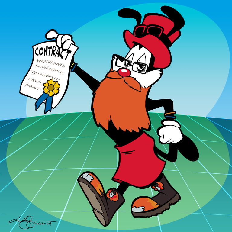 A cartoon illustration in Animaniacs style showing a Wakko Warner-inspired character with a ginger deard, wearing black-framed glasses, a red top hat, black top, red kilt, white gloves, and orange-detailed boots. The character is running while holding up a contract document with a gold seal and blue ribbon. Set against a blue and green geometric background with a circular gradient.