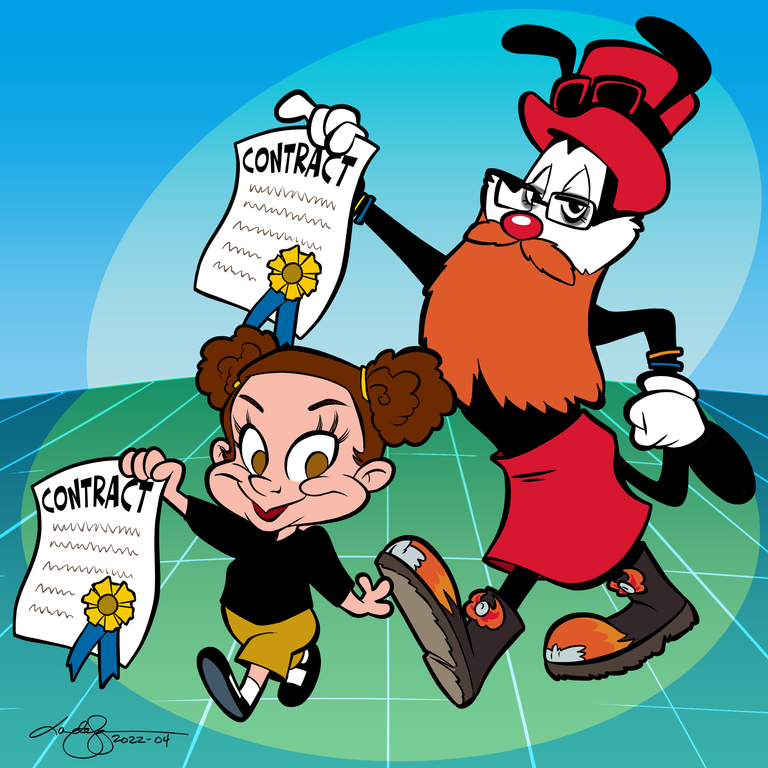A cartoon illustration combining both characters from the previous images - the young girl in black and yellow running alongside the ginger bearded character in the top hat and red kilt. Both are holding their respective contract documents. The scene is set against the same blue and green geometric background with circular gradient, creating a dynamic duo composition in classic Animaniacs animation style.