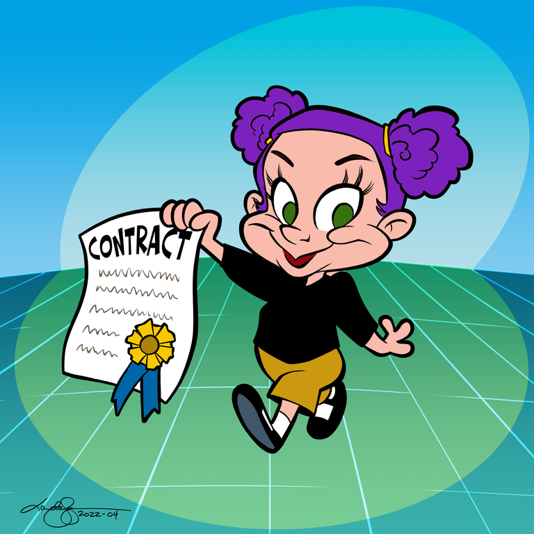 A cartoon illustration in Animaniacs style showing a young girl with purple hair in two buns, large green eyes, wearing a black top and yellow skirt with white socks and black shoes. The character is running energetically while holding up a contract document with a gold seal and blue ribbon. Set against a blue and green geometric background with a circular gradient. The art style mimics the classic Warner Bros. animation aesthetic.