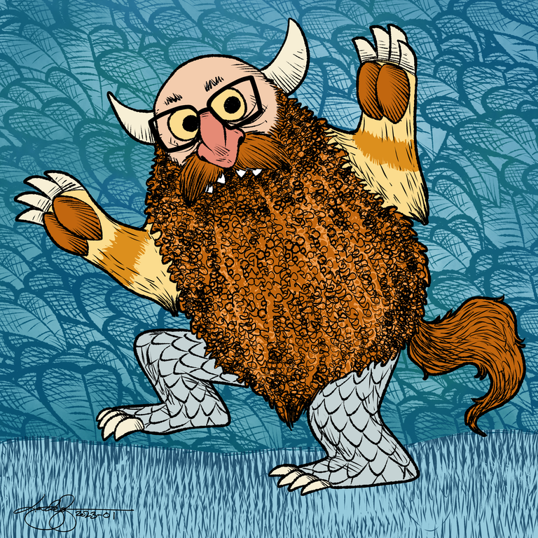 A cartoon illustration in Maurice Sendak's 'Where the Wild Things Are' style showing a wild thing character with cream-colored horns, wearing round yellow glasses, and sporting a magnificent ginger-orange beard that covers most of its body. The creature has tan furry arms raised up, white scaled legs with clawed feet, and a ginger tail. Set against a teal background with scratchy foliage patterns and simple grass at the bottom. The character appears joyful and energetic in typical wild thing fashion.