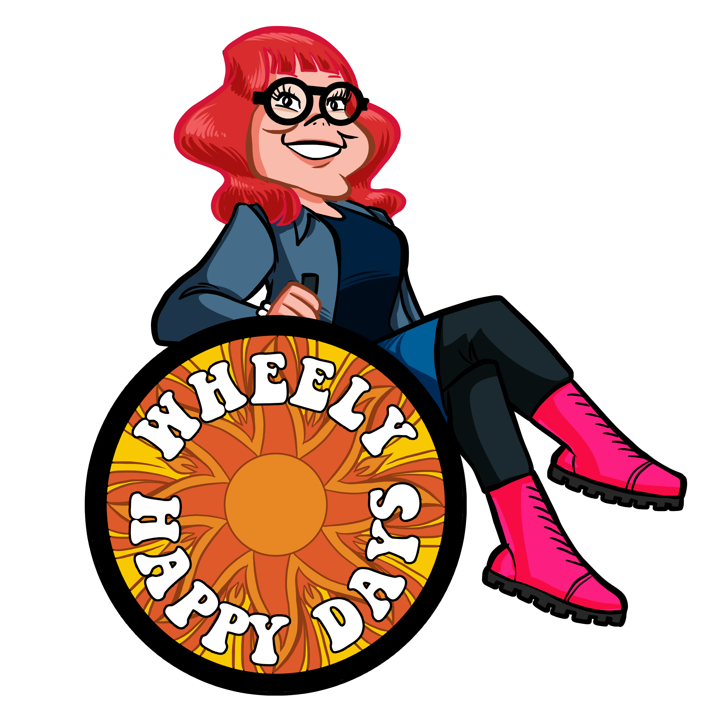 A cartoon illustration showing a woman with bright red wavy hair and round black glasses, wearing a dark blue top and bright pink boots. She sits in a wheelchair decorated with a vibrant sun motif wheel featuring the text "WHEELY HAPPY DAYS" in white letters around an orange and yellow radiating sun design. The style is bold and cheerful with a retro feel.