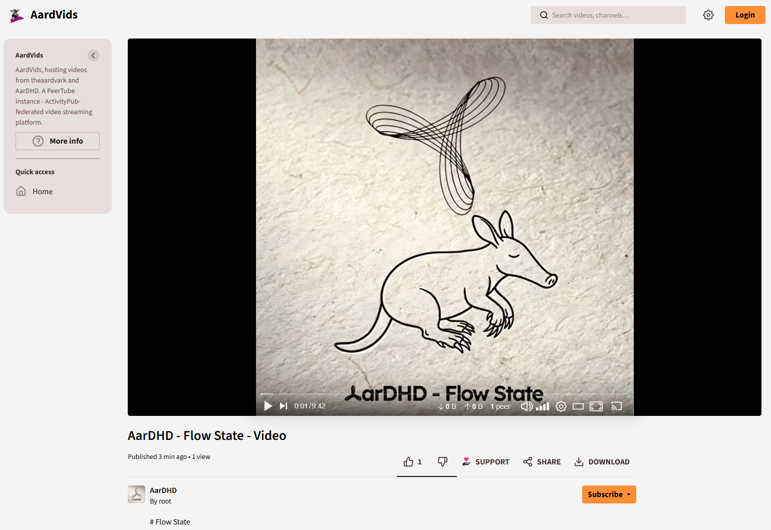 Screenshot of the AarDHD Flow State video on the AardVids PeerTube instance at videos.aard.at, showing the video thumbnail with the flowing symbol logo and line-drawn aardvark on a textured beige background, along with the video title and playback interface.