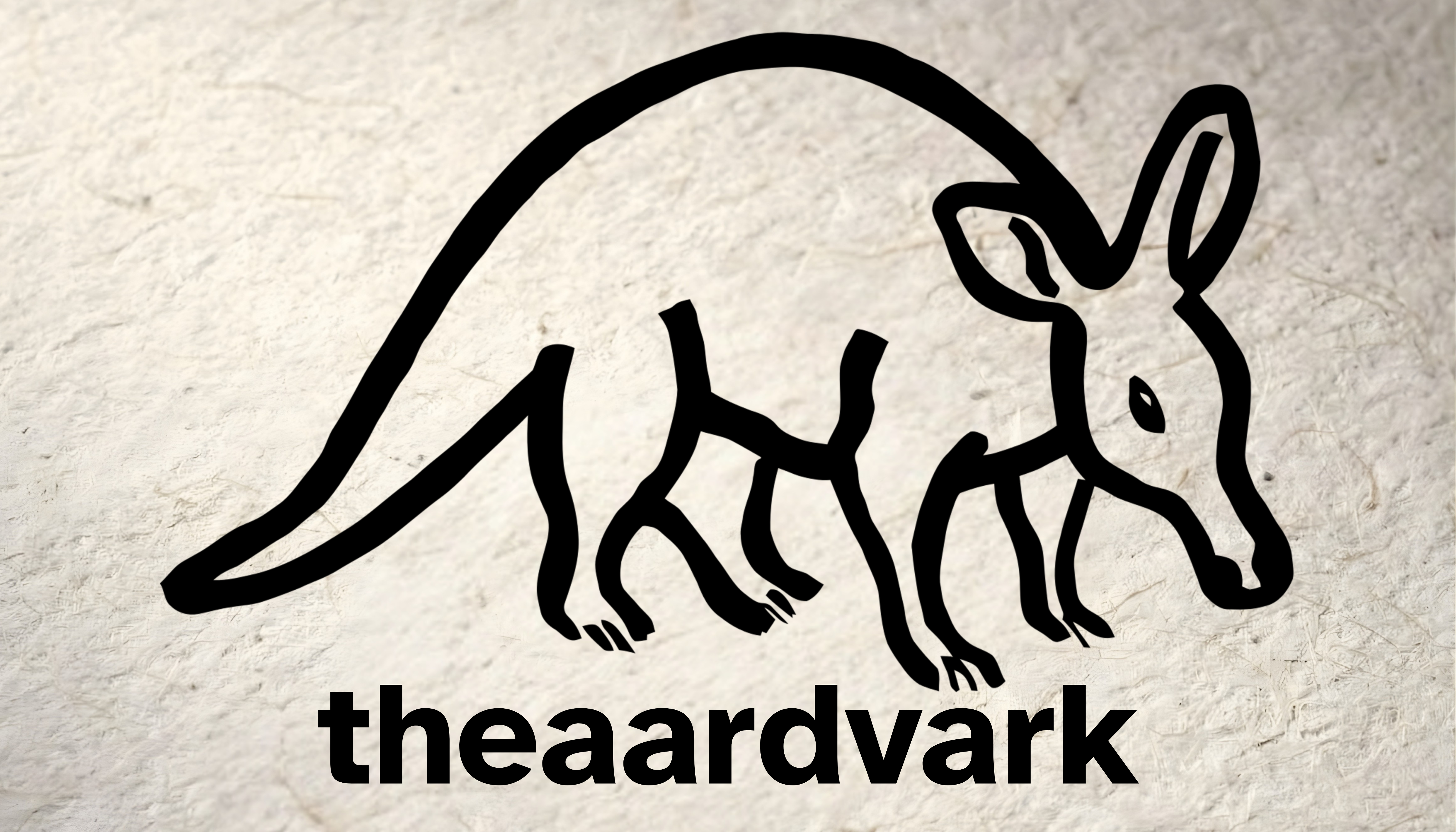 Photo: Black line drawing of an aardvark in profile on a pale grey textured background. The aardvark faces right with its characteristic long snout and ears, shown in a simplified cartoon style with visible claws on all four feet. Below the drawing is the text "theaardvark" in bold black lowercase letters.
