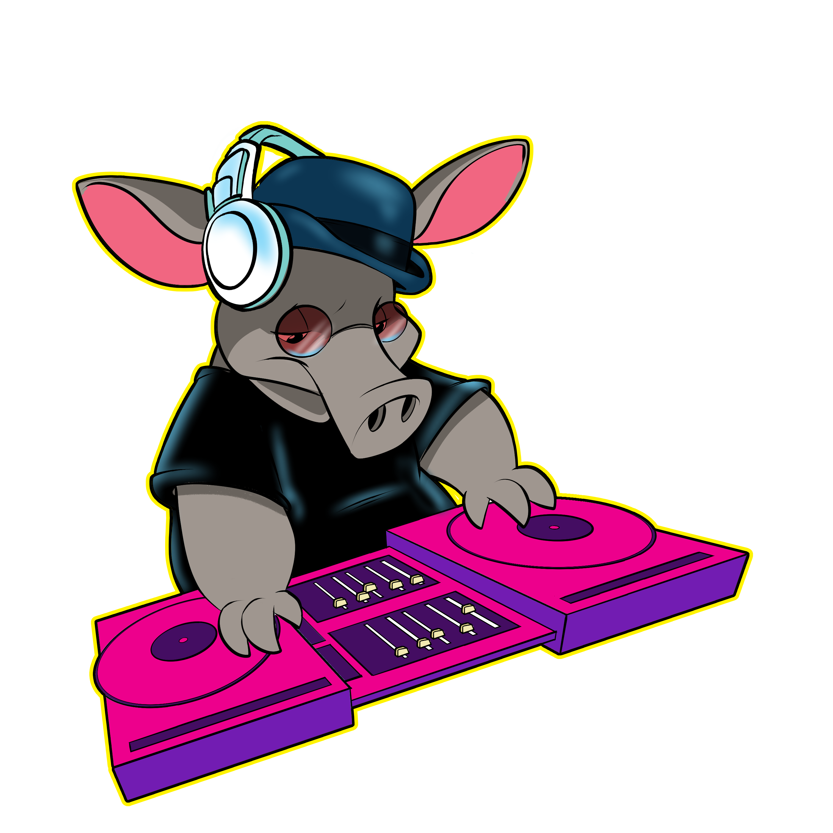Cartoon aardvark DJ leaning over a pair of hot-pink and purple turntables with a mixer between them. He's wearing a dark baseball cap backwards, large light-blue headphones, and a black hoodie. One hand rests on a fader, the other on a record. His expression is focused and slightly intense — he's very much in the zone. The whole image has a bold yellow outline and sits on a black background.