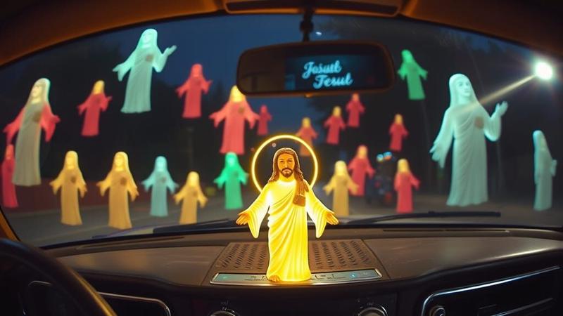 A glowing plastic Jesus figurine on a car dashboard, complete with heavenly halo, while an army of multi-coloured Jesuses float outside the windscreen. The rear-view mirror reads 'Jesuit Jesuit' – apparently even divine navigation needs a backup. Your dashboard saviour and his technicolour dream choir, ready to protect you."