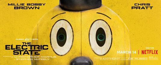 A promo image for the movie "The Electric State". It features a cartoonish robot's spherical yellow head looking straight out of the image.