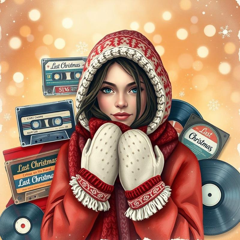 an AI image representing a playlist of 235 versions of Last Christmas. It features a young woman in winter clothers surrounded by cassettes, vinyl and, I think, an 8-task all with "Last Christmas" written on them.